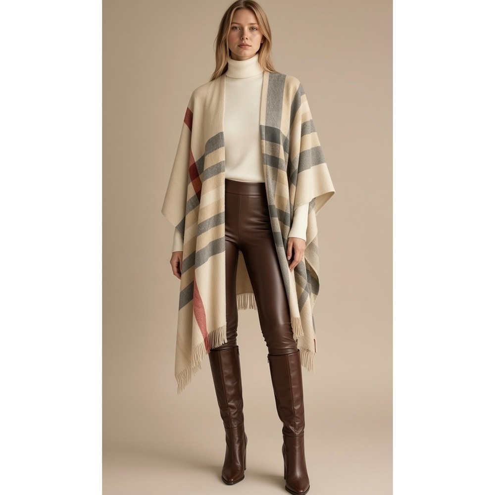 V. Fraas Plaid Poncho Wrap One Size Cream Beige Grey Red Check Fringed Scarf